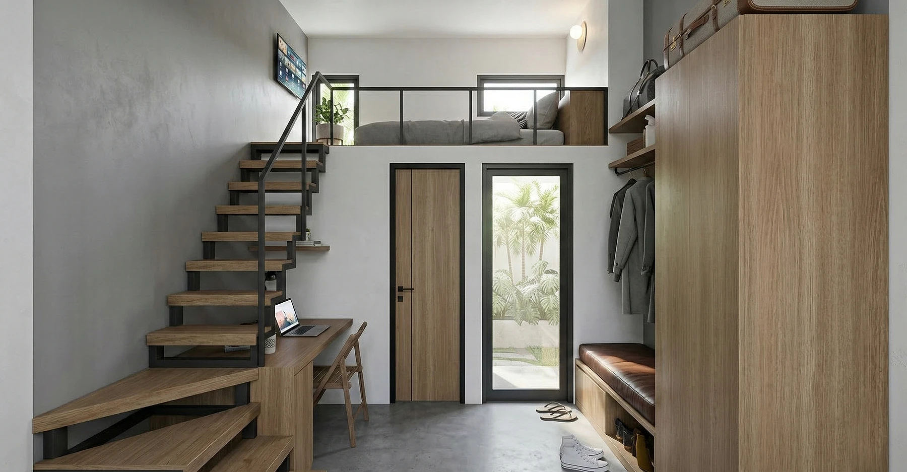 Interior Tipe Mezzanine dengan area tidur level atas dan area bawah