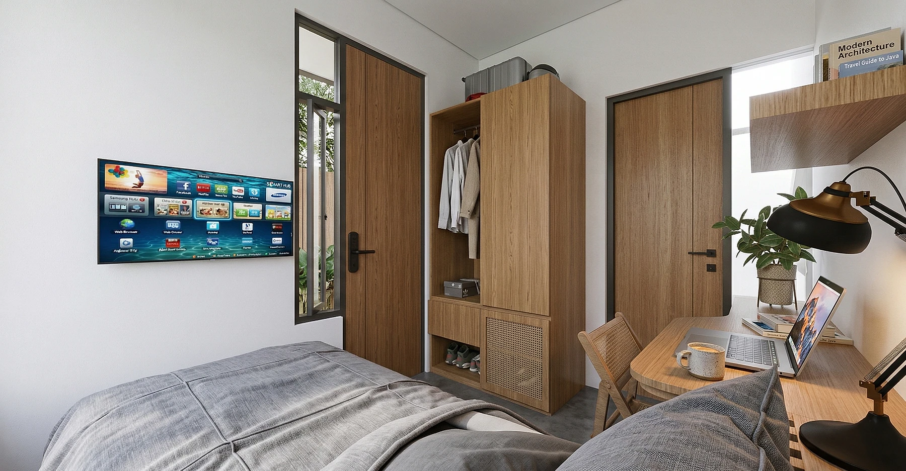 Interior Tipe Standar dengan area tidur, penyimpanan, dan meja kerja